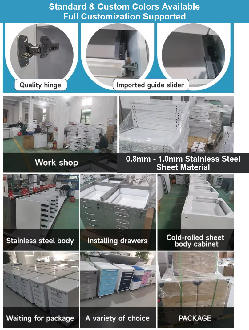 Amber Medical dental cabinet workshop manufacturing, hardware details and seaworthy pallet packaging